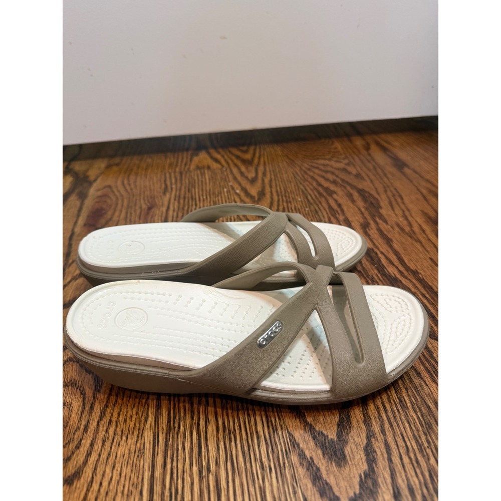 Crocs Meleen Women 6 Taupe White Strappy Wedge Slide Sandals Comfort Shoes